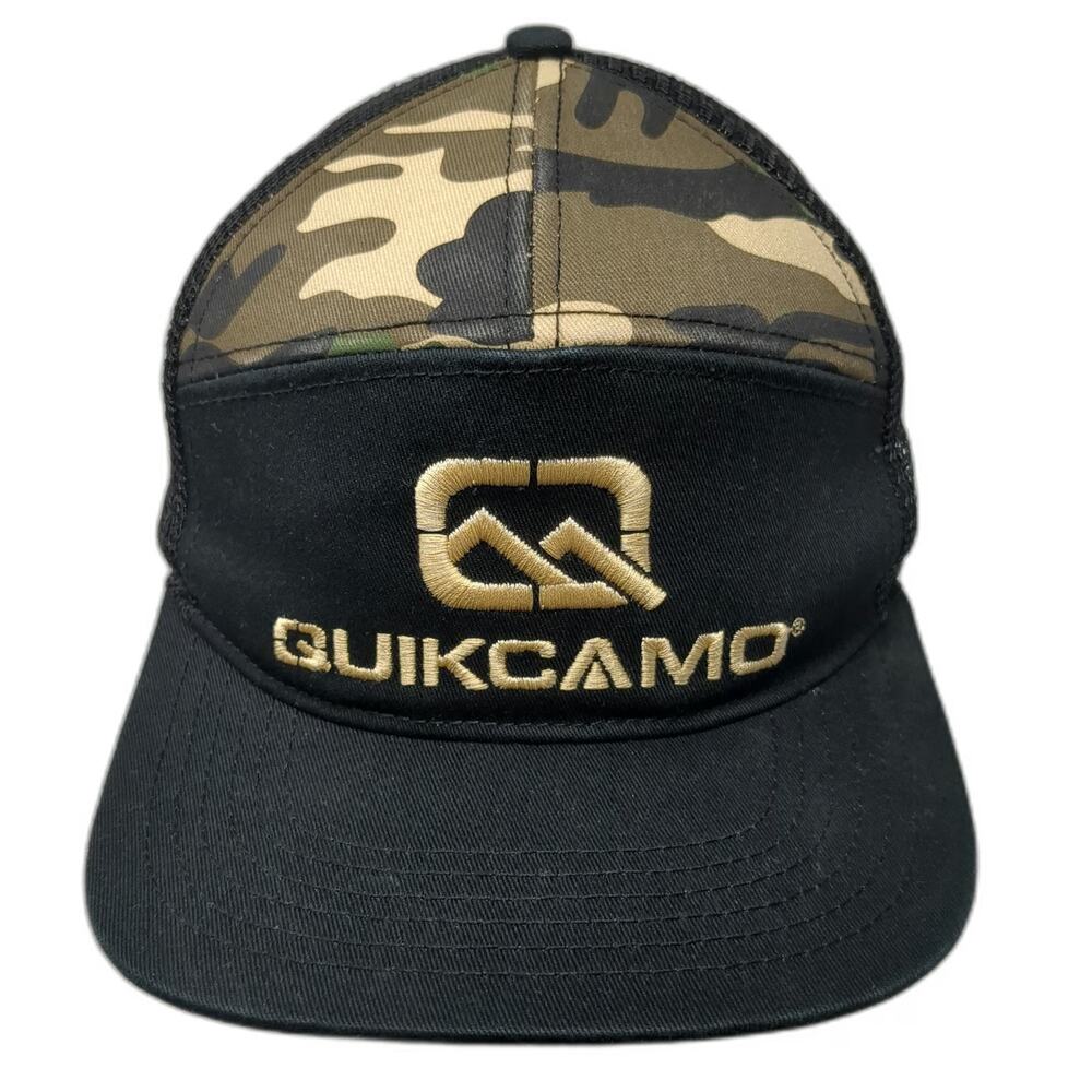 QUIKCAMO Trucker Hat Black One Size Camo Snapback Gold Embroidery Mountain Logo
